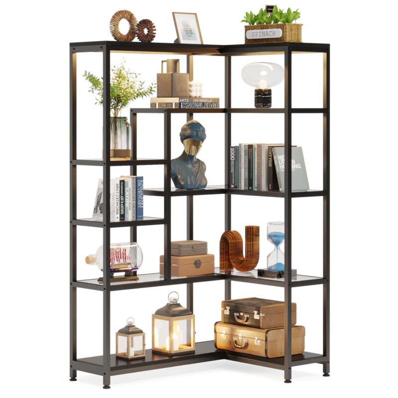 Corner Bookshelf, 70 Inch Bookcase with Led Light & Acrylic Glass