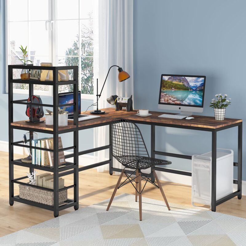 L-Shaped Desk, Reversible 59" Computer Desk with Storage Bookshelf - Image 2