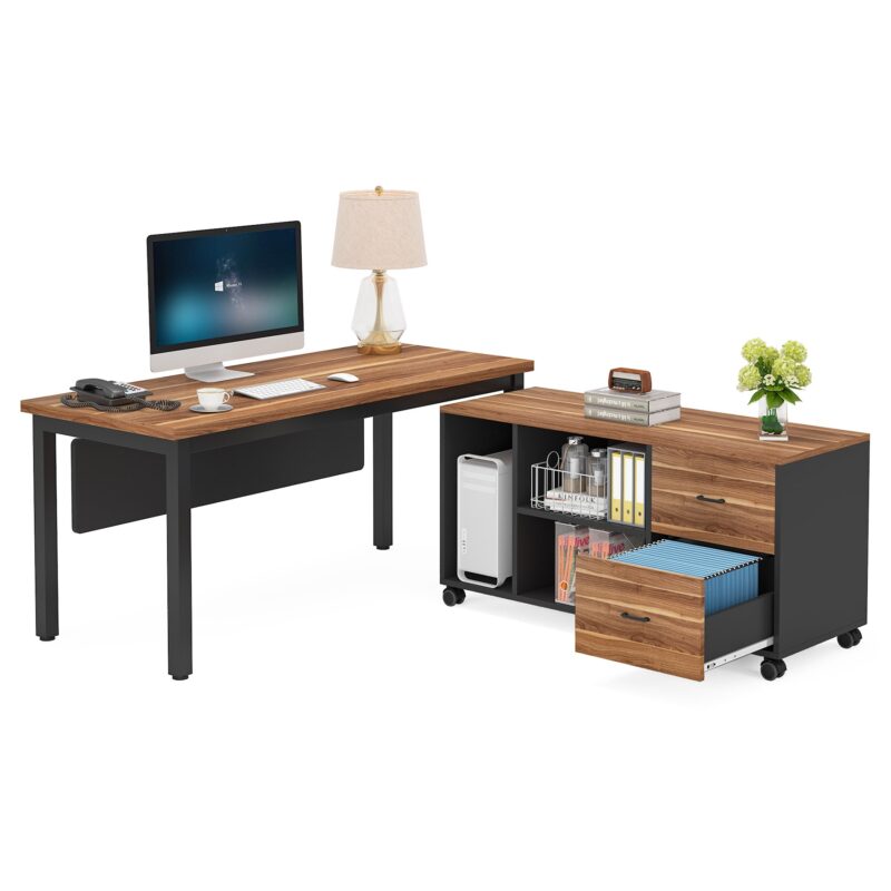 L-Shaped Desk,  Executive Computer Desk with Storage Cabinet - Image 2