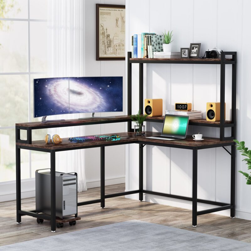 L-Shaped Desk, Corner Computer Desk with Hutch and Monitor Stand - Image 2