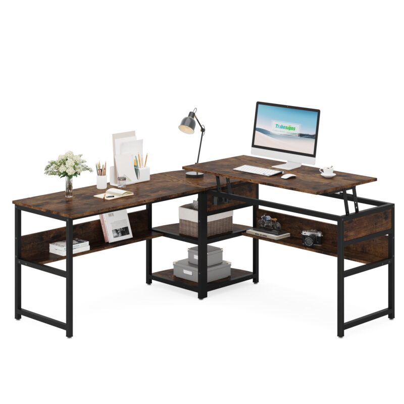 Lift Top L-Shaped Desk, Corner Computer Desk with Storage Shelves