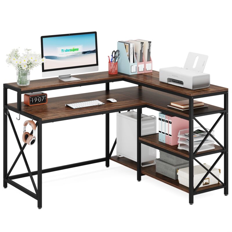 L-Shaped Desk, Reversible Corner Desk with Storage Shelves and Monitor Stand