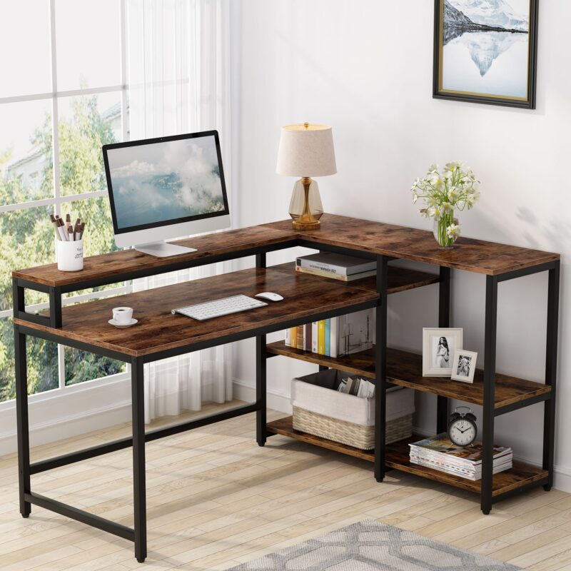 Reversible L Shaped Computer Corner Desk with Shelves