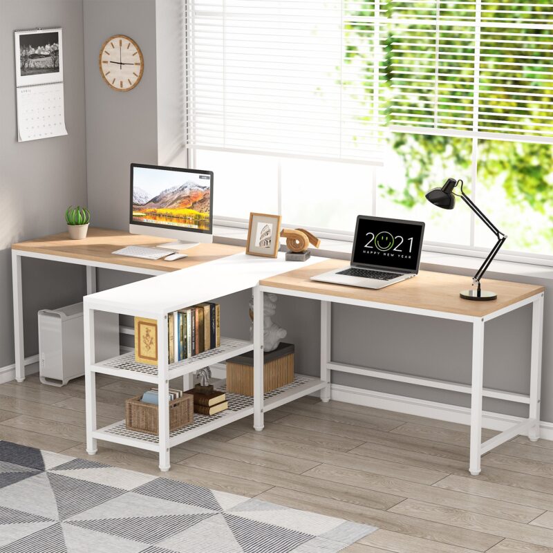 Two Person Desk, 94.5" Double Computer Desk with Shelves - Image 7