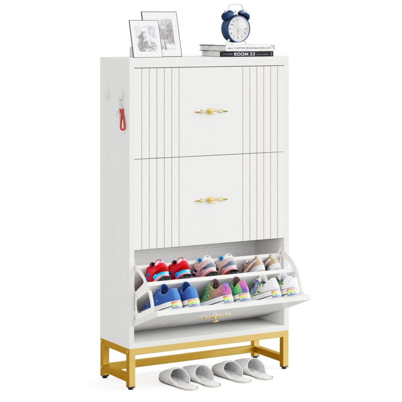 Shoe Cabinet, Modern Shoe Organizer with 3 Flip Drawers & 2 Hanging Hooks