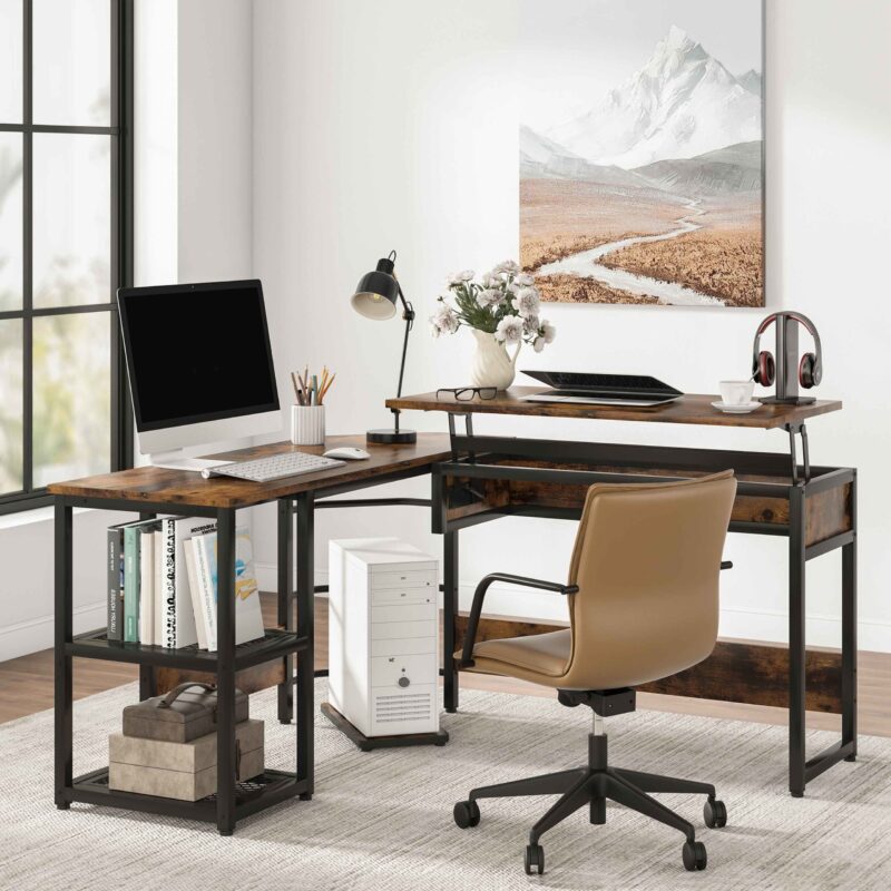 L-Shaped Desk,  Sit to Stand Corner Computer Desk with Lift Top