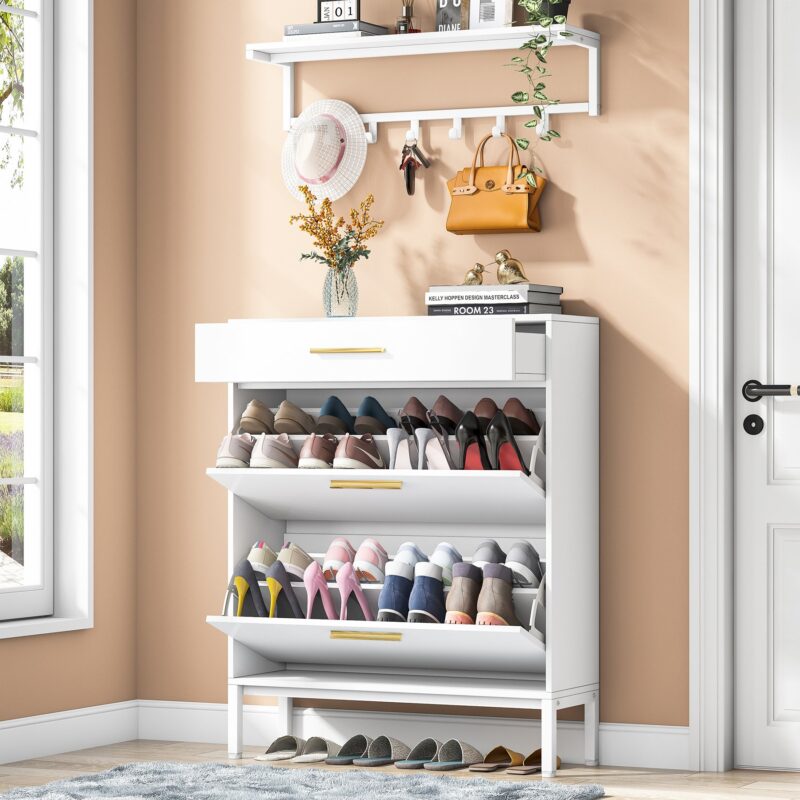 Shoe Cabinet with Floating Shelf, Modern 3 Drawers Shoe Organizer - Image 3