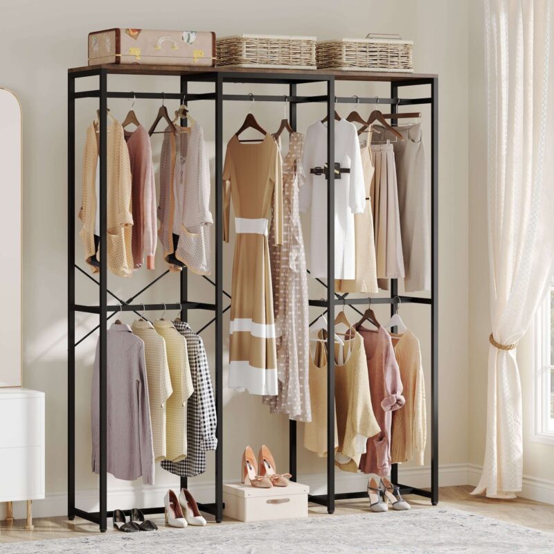 Freestanding Closet Organizer, Garment Rack with Shelves and Hanging Rods