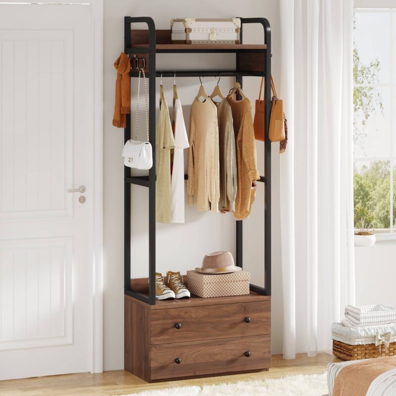 Freestanding Closet Organizer, Coat Rack with Drawers and Shelves