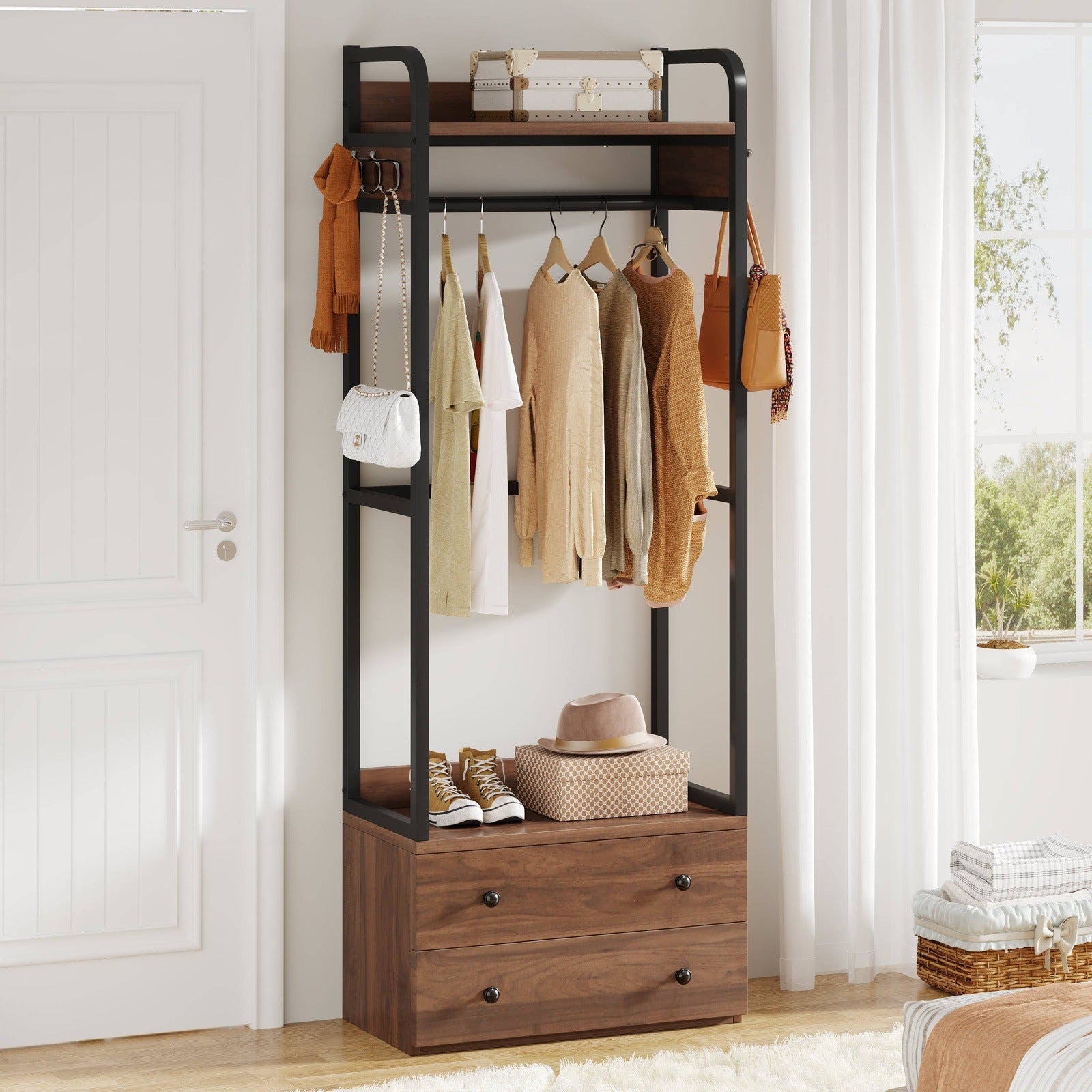 Freestanding Closet Organizer, Coat Rack with Drawers and Shelves ...