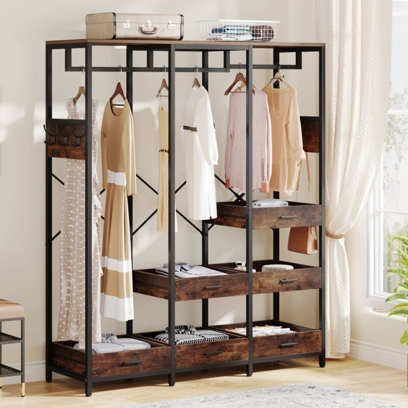 Freestanding Closet Organizer, Large Garment Rack with 6 Open Drawers