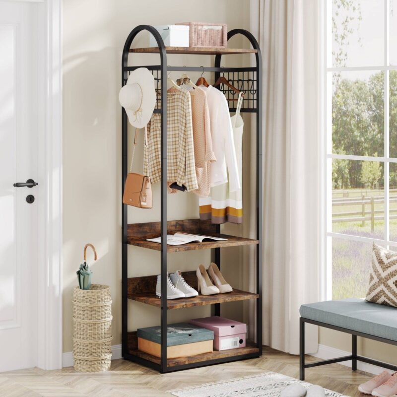 Coat Rack, Freestanding Hall Tree with 4 Storage Shelves