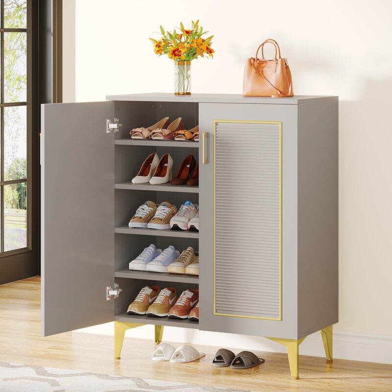 Shoe Cabinet, 5-Tier Shoe Rack Organizer with Removable Shelves &  Doors