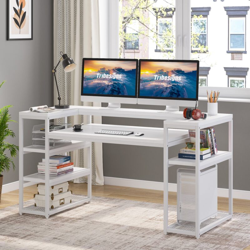 Computer Desk, 63" Study Table with Monitor Stand & Shelves - Image 8