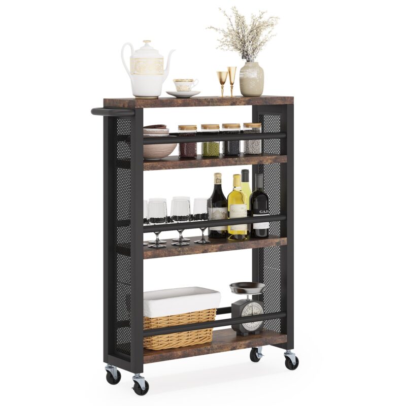 Kitchen Cart, 4 Tier Slim Storage Rolling Cart Spice Rack with Handle