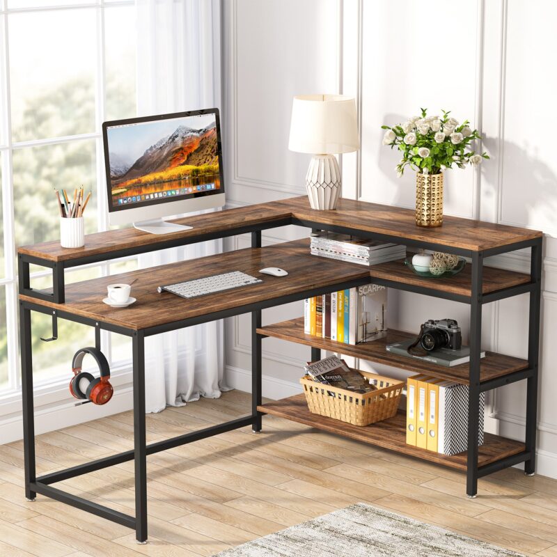 L-Shaped Desk, 53" Reversible Corner Desk with Shelves and Monitor Stand - Image 8