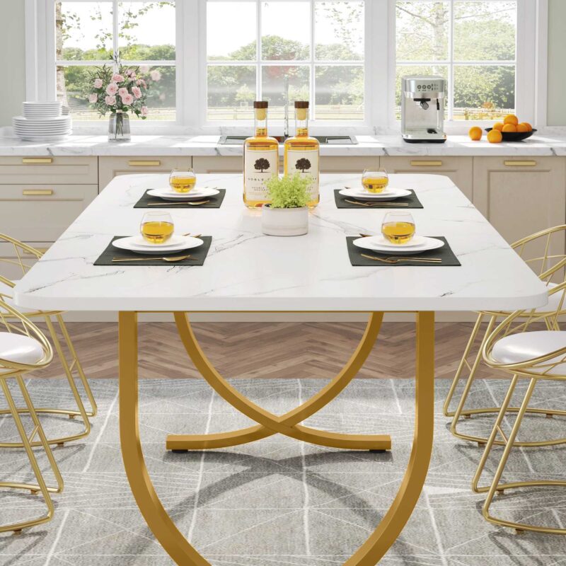 Dining Table, 63" Modern Kitchen Table with Faux Marble Table Top - Image 5