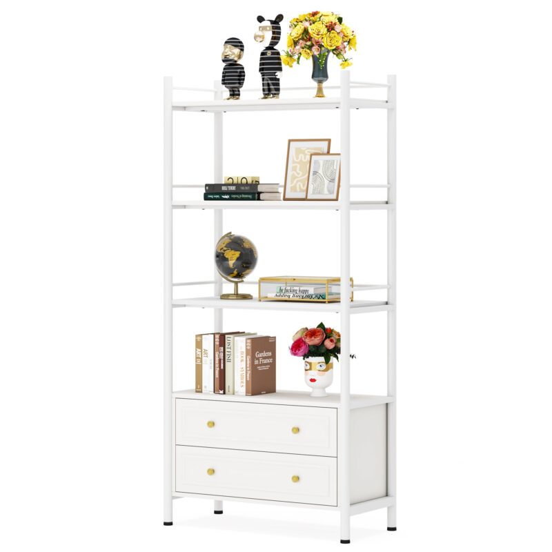 Bookshelf, 4-Tier Tall Bookcase Display Shelf with 2 Drawers