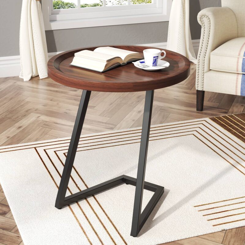 End Table, Round Side Snack Table with L-Shaped Metal Leg - Image 3