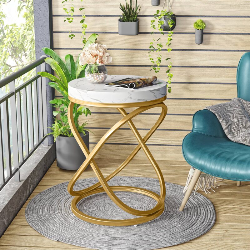 End Table, 26" Tall Round Sofa Side Table with Faux Marble Top - Image 5