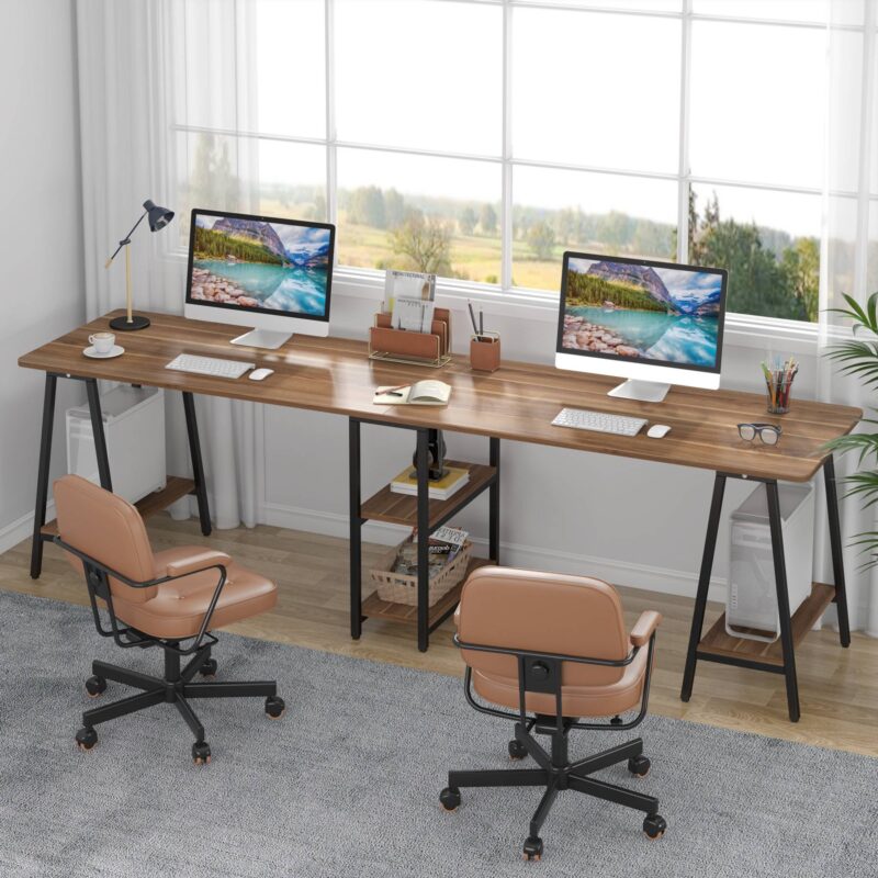 Two Person Desk, 94.5" Double Computer Desk with Storage Shelves - Image 3