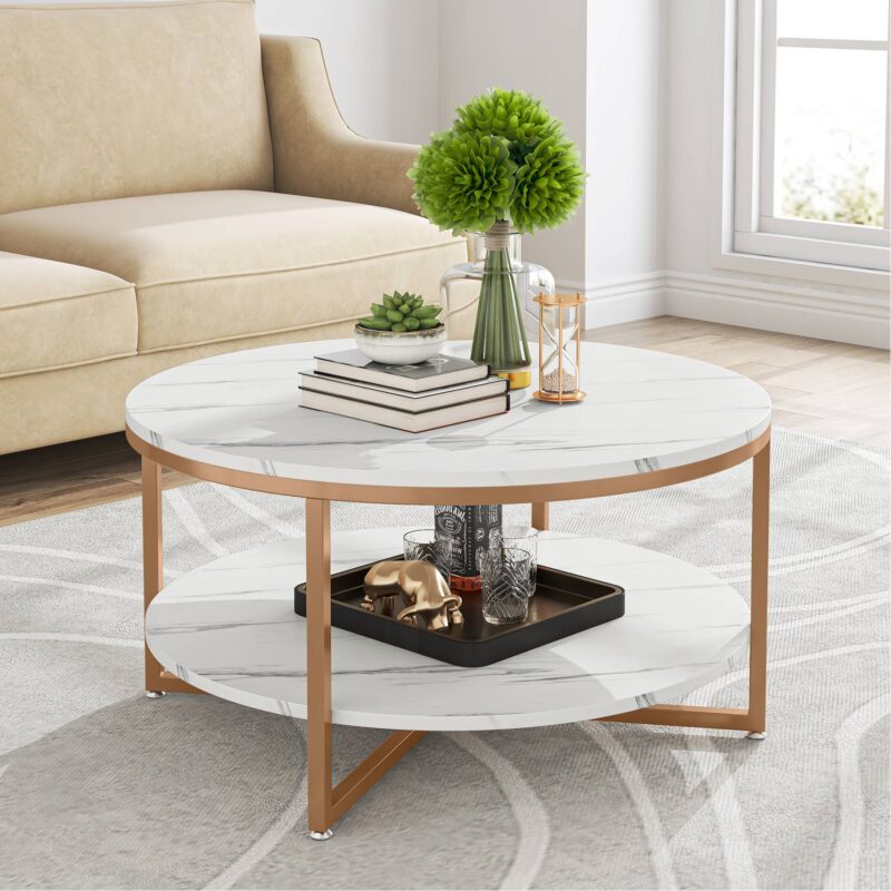 Coffee Table, 2-tier Round Tea Table with Faux Marble Tabletop