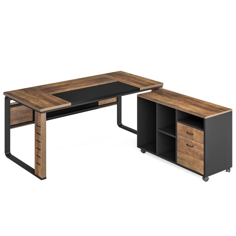 L-Shaped Desk, 59" Executive Office Desk with Lateral File Cabinet - Image 2