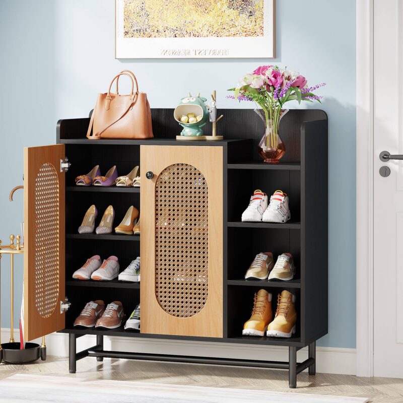 Shoe Cabinet, Rattan Shoe Storage Organizer with Doors & Open Shelves - Image 3