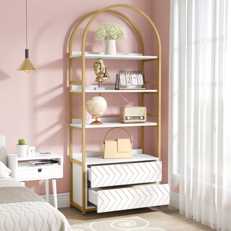 Bookshelf, 74.8” Etagere Bookcases with 2 Drawers & 4-Tier Shelves - Image 3