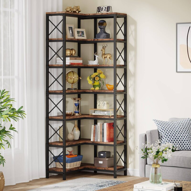 Corner Bookshelf, 7-Tier Tall Corner Bookcase Storage Display Rack - Image 3