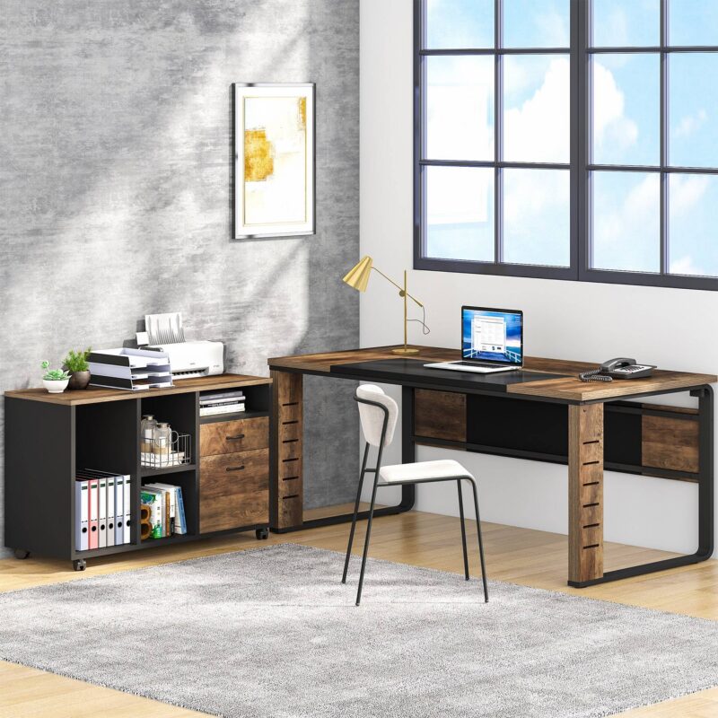 L-Shaped Desk, 59" Executive Office Desk with Lateral File Cabinet - Image 3