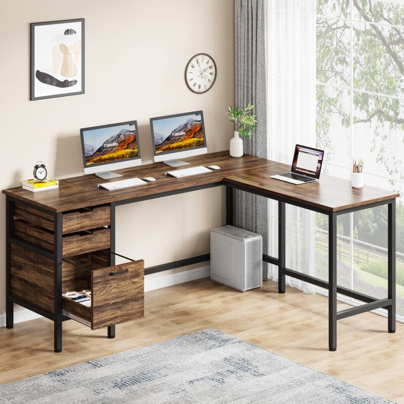 L-Shaped Desk, 59" Corner Computer Desk with Storage Drawers