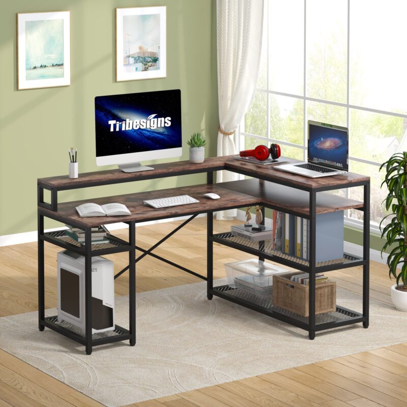 L-Shaped Desk, 59" Corner Computer Desk with Storage Shelf - Image 3