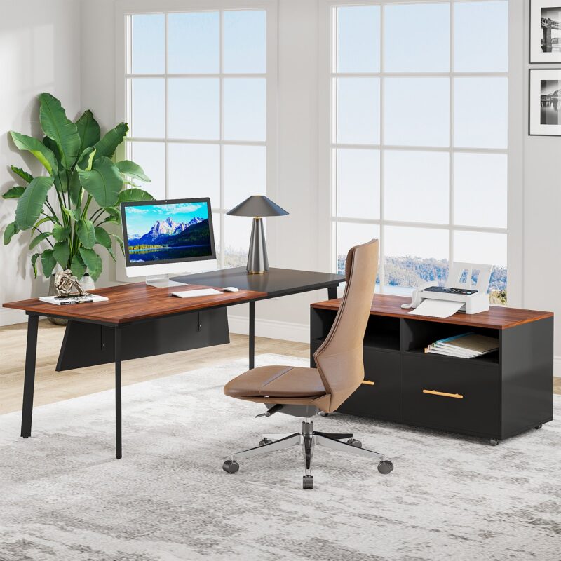 L-Shaped Desk, 70" Executive Desk with 43" File Cabinet - Image 3