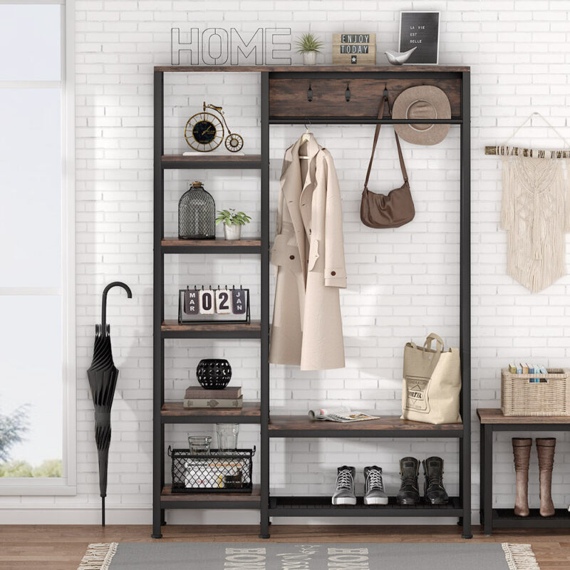 Freestanding Closet Organizer, Hall Trees with Shoes Bench - Image 3