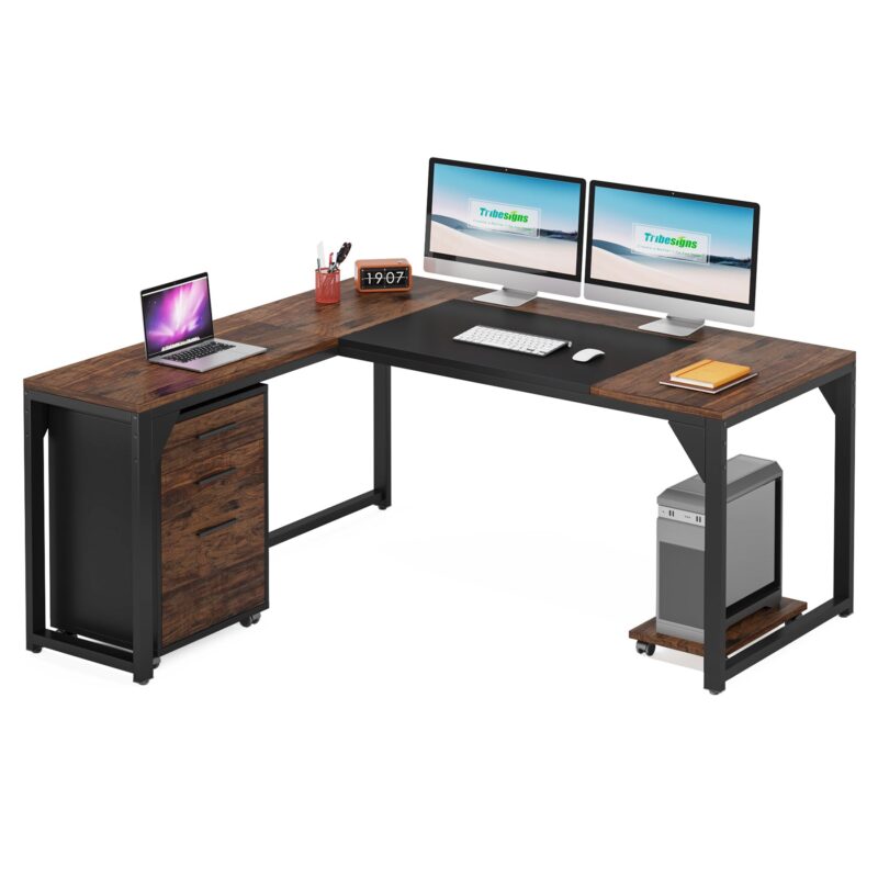 L-Shaped Desk, 63" Executive Computer Desk with Mobile File Cabinet