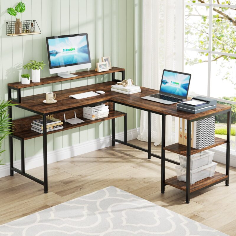 L-Shaped Desk, Reversible Corner Desk with Shelves & Monitor Stand - Image 3