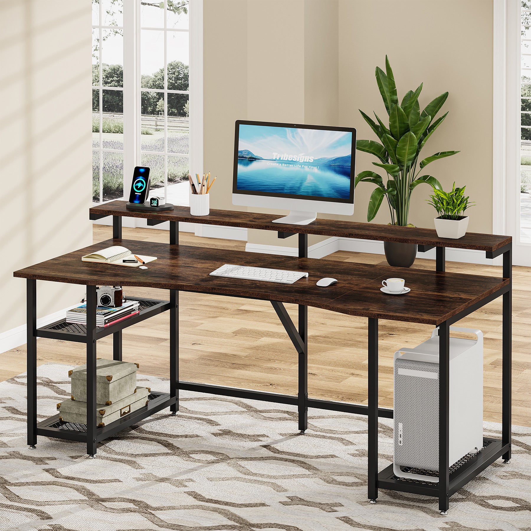 Computer Desk, 63″ Writing Desk with Monitor Stand & Storage Shelves ...
