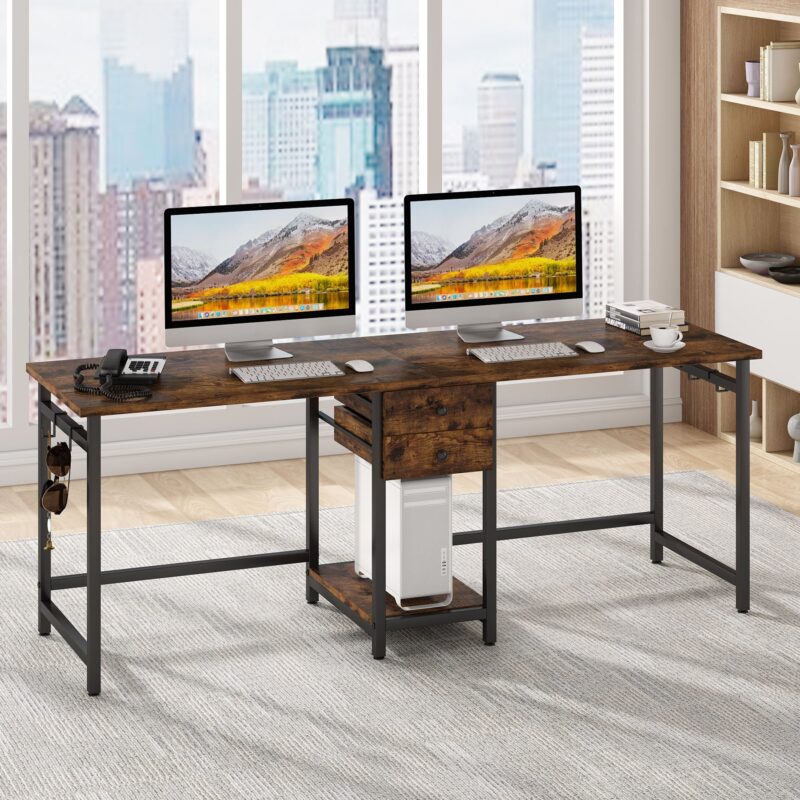 Two Person Desk, 78’’ Double Computer Desk with Drawers