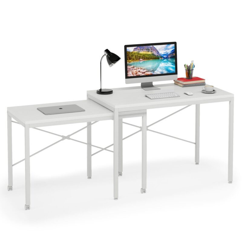 Two Person Desk, Double Computer Desk with Wheels Lockable