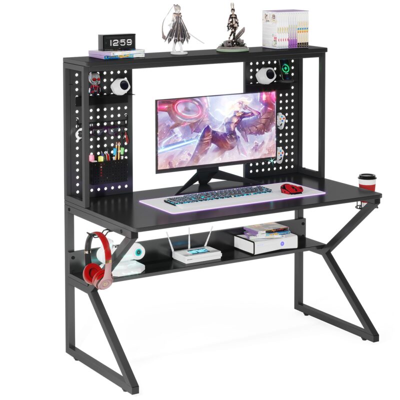 Gaming Desk, 47’’ Computer Desk with Shelves & K-Shaped Leg