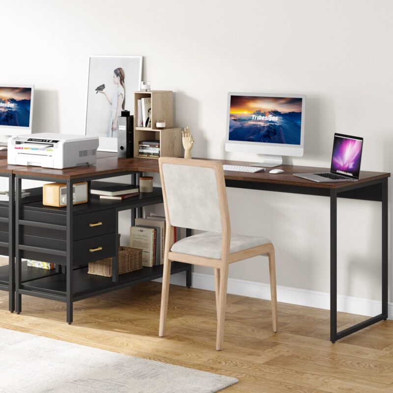 L-Shaped Desk, 59" Computer Desk with 2 Drawers & Storage Shelves - Image 4