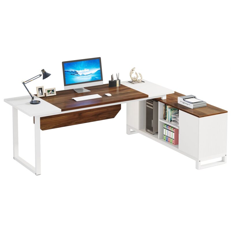 L-Shaped Desk, 70.8" Executive Desk with 55" File Cabinet