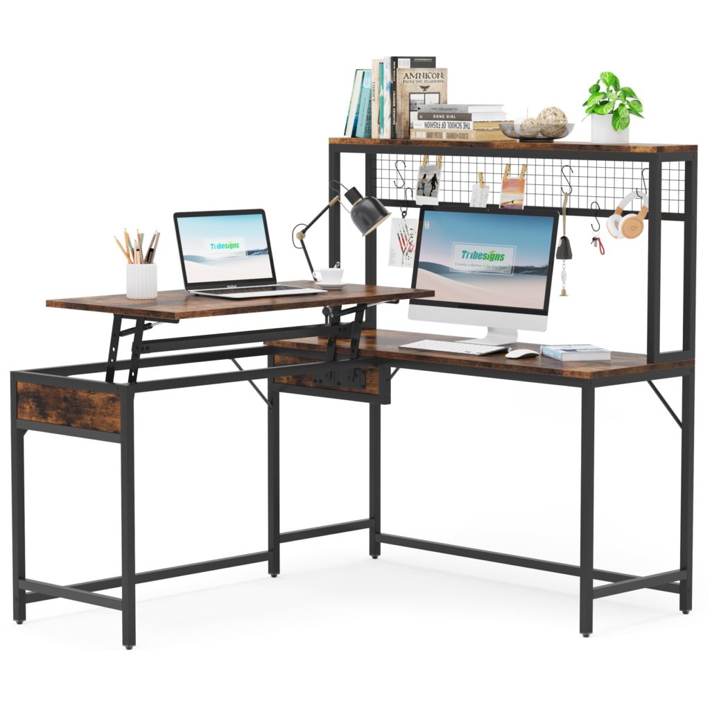 Lift Top L-Shaped Desk, Corner Height Adjustable Desk with Hutch ...