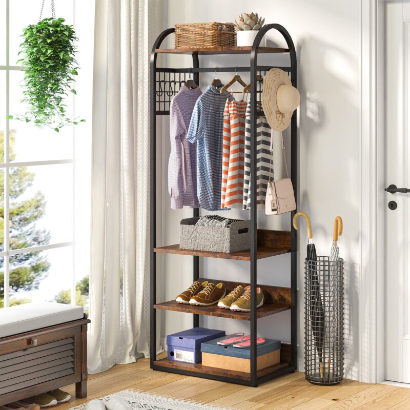 Coat Rack, Freestanding Hall Tree with 4 Storage Shelves - Image 3