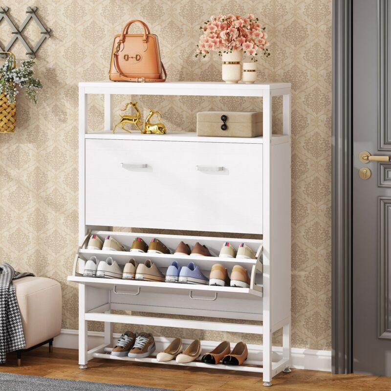 Shoe Cabinet, Tipping Bucket Shoe Storage Rack with Open Shelves