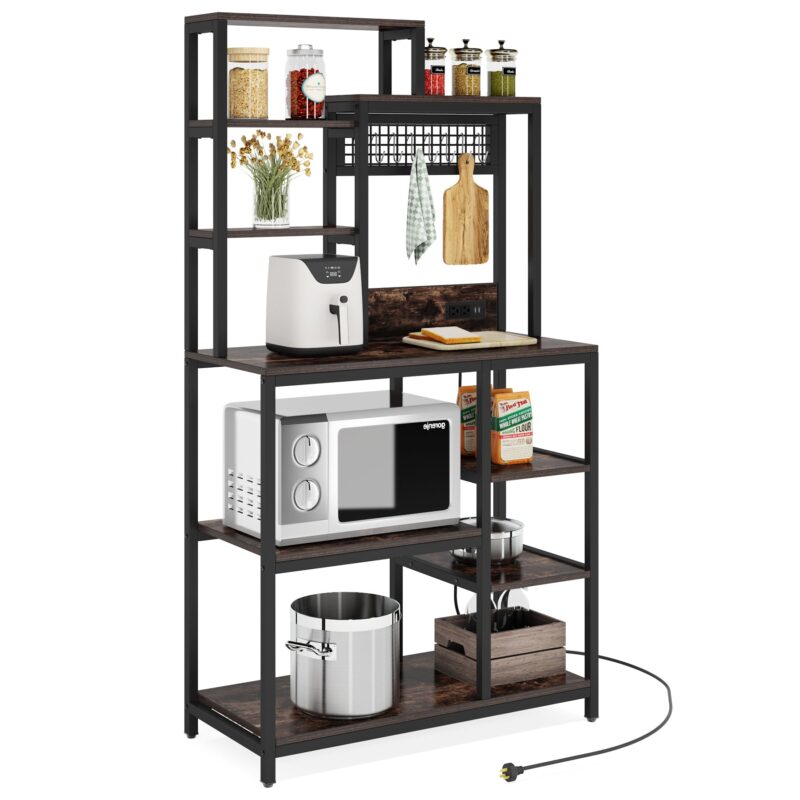 Bakers Rack with Power Outlet, 9-Tier Microwave Stand with Hutch