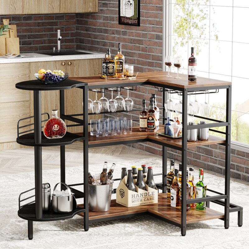 Home Bar Unit, 3-Tier L-Shaped Liquor Bar Table with Glass Holders - Image 3