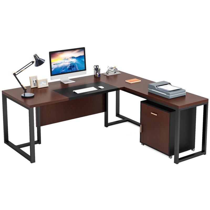 L-Shaped Desk, 70.8’’ Executive Desk with Mobile File Cabinet