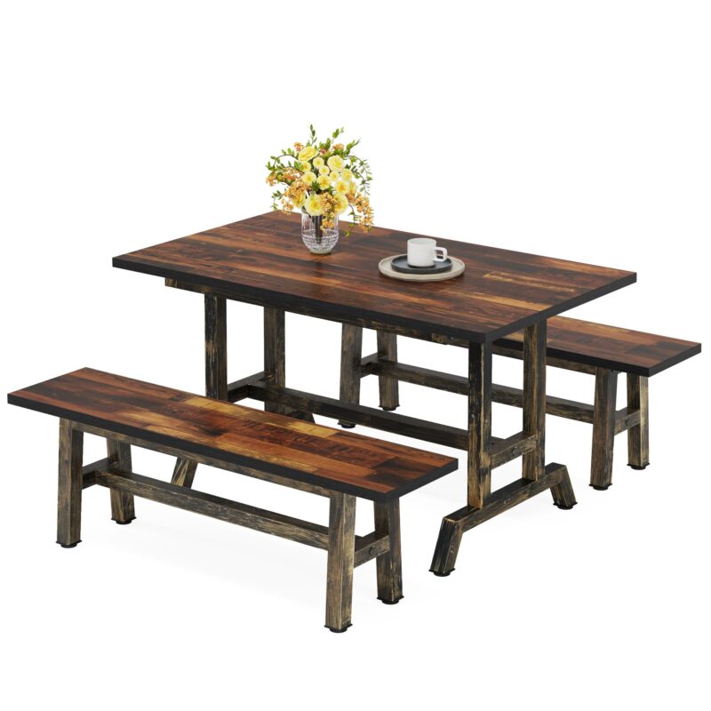 Dining Table Set, 3-Piece 47" Kitchen Table with 2 Benches - Image 2